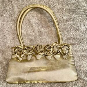 Vintage Carlo Fellini Gold Satin Rose Evening Bag Y2K Formal Crossbody Handbag